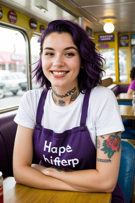 street photography photo of a young woman with purple hair, smile, happy, cute t-shirt, tattoos on her arms, sitting in a 50s diner