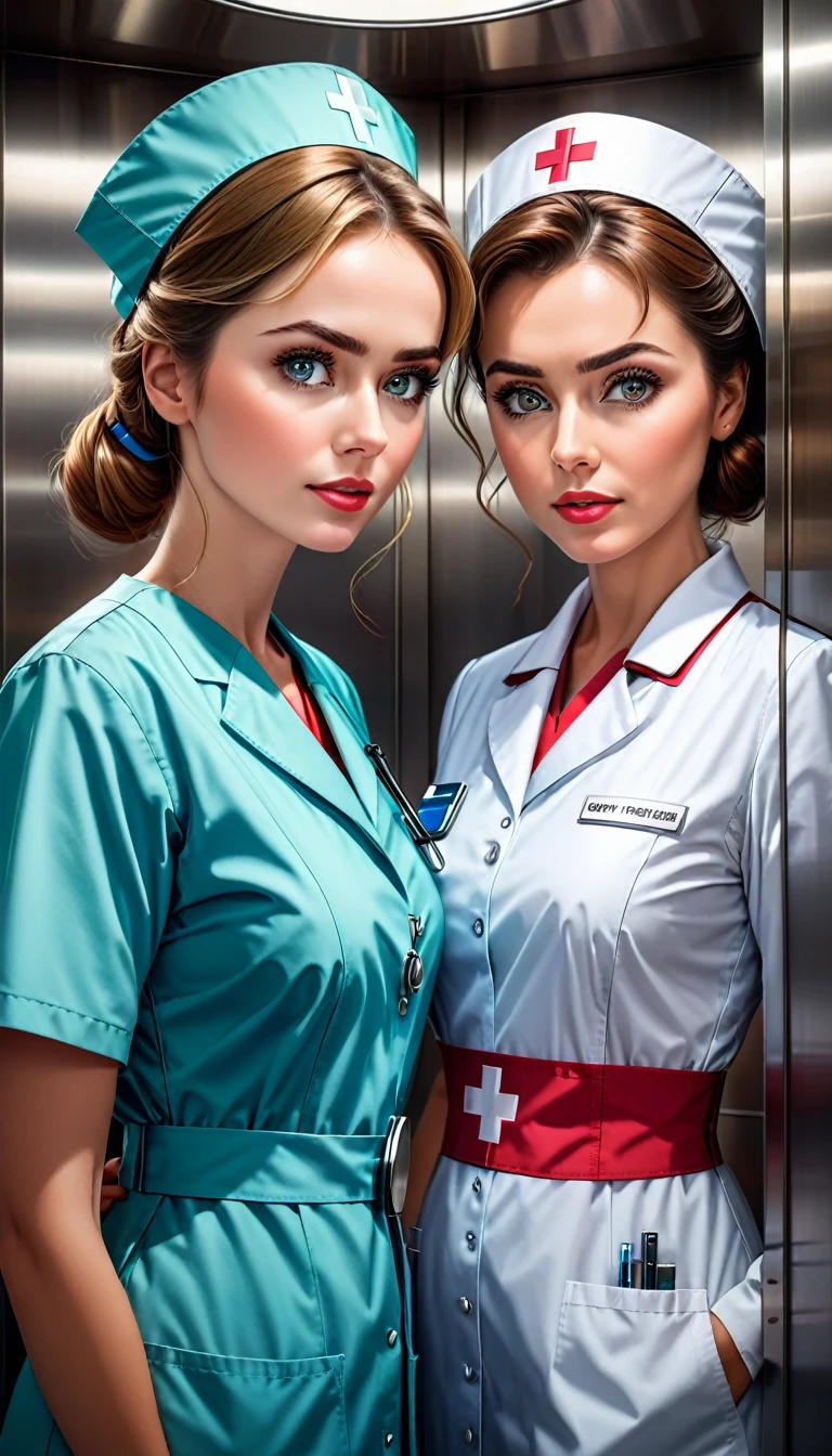 a doctor standing next to a nurse in an elevator, beautiful detailed eyes, beautiful detailed lips, extremely detailed eyes and face, long eyelashes, medical uniform, serious expression, medical tools, elevator interior, glass windows, modern design, warm lighting, high quality, 8k, photorealistic, masterpiece, concept art