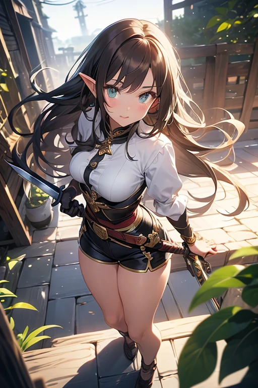 (artistry, best qualityer, ultradetailed, high resolution, 4K),(beautiful detailed eyes),(very highly detailed face),( fully body), (1ガール),HDR, long hair, medieval brown shorts, greeneyes, chestnut hair, longye hair , a gray stripe on a fringe, elf ear, black gloves, elf outfit, warrior, magician, jewelly, lips, focus only, glaze, White background, slightly-smile, holding a short sword, preparing for attack, realisitic, gazing at viewer.