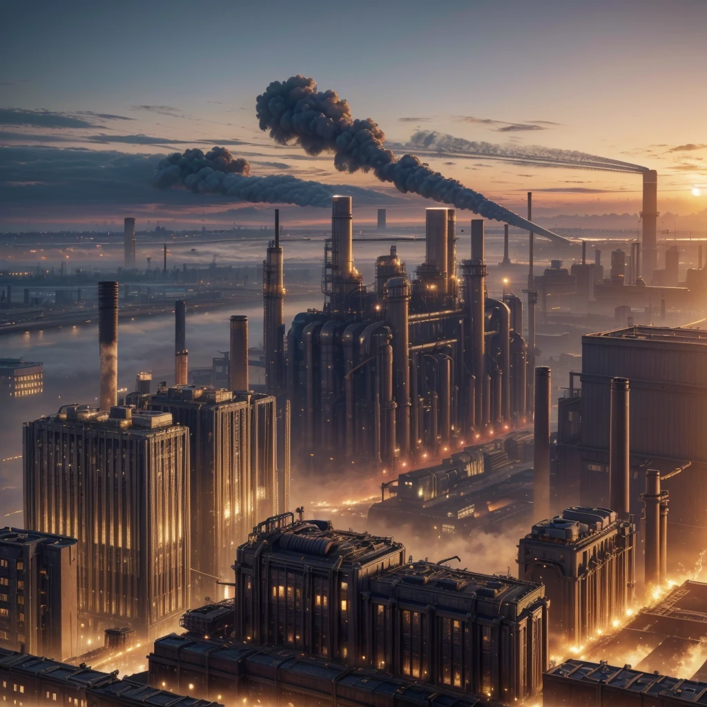 Panoramic image of a steampunk industrial city., nuclear power plant, factories, gears, Steam engines, the citizens, In that, pollution, coal, exolosions, vapor, buildings, bridges, train, zepelin ((high quality)) ((4k)) ((8k)) ((hyperrealism)) ((masterpiece)) ((perfection))