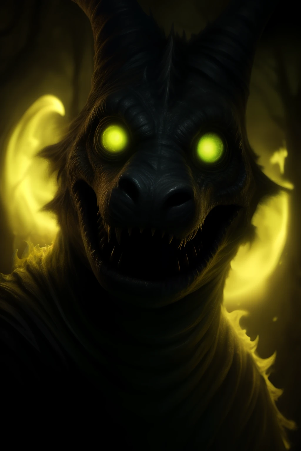 Scary mythical creature, specifically a close-up shot focused on its glowy eyes, embodying the essence of an otherworldly monster with a realistic texture for an added layer of authenticity. The creature in question is a terrifying Boggart, known for its menacing presence and unearthly aura. With its glowing eyes gleaming ominously, the Boggart's details are exaggerated to emphasize its fearsome nature. The texture on its skin is rendered with intricate detail, creating an unsettling yet captivating image. With this vivid portrayal, the Boggart will certainly send shivers down the viewer's spine, standing as a masterpiece in the realm of horror