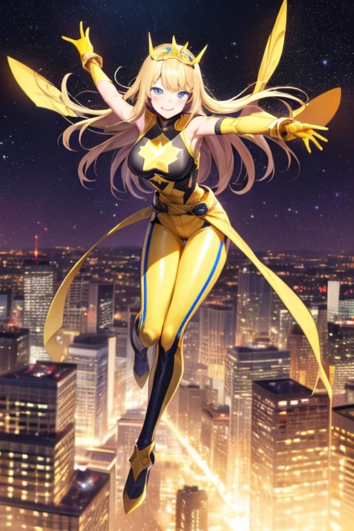 1 girl, full body, 19 years old, smiling face, masked face, blushing, blonde hair, straight hair, long hair, bangs, full body, superhero mask, yellow mask, hands with stars, blue bracelets, purple gloves, superhero costume, superheroes, full body suit, yellow, with a large yellow star in the center, star emblem, something tight, star-shaped tiara, blue eyes, medium breasts, slim body, outstretched arms, arms behind the waist, flying, city background, anime