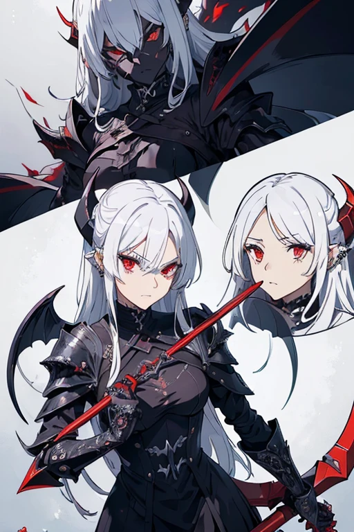 (((masterpiece, best quality, ultra detailed, 8k))) (((detailed character design sheet))) female character wearing a demonic armor in purple, black, and white. She wields a large, stylized scythe matching the armor. The character has long white hair, piercing red eyes, and a menacing expression. The scene is set in a chaotic environment. Full body front view, with additional close-up views of armor details, weapon, and facial features. (demonic armor:1.3), (stylized scythe:1.3), (extremely detailed:1.5), (long white hair:1.2), (piercing red eyes:1.2), (chaotic environment:1.1). {Detailed background elements and character features are emphasized}.
