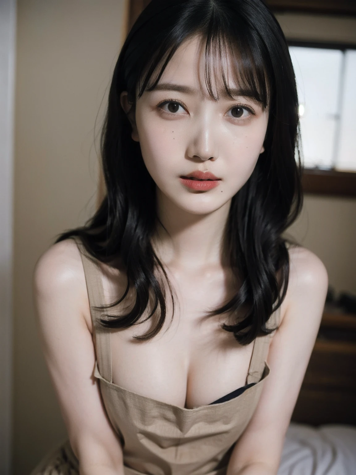 hightquality、​masterpiece、ultra res、cute girl face、kitchin、barechested、pinafore、Naked apron、full bodyesbian、Famous actresses of Japan、very beautiful face, 8K, sharp focus, natural (big breast:1.3), nude, (long hair).