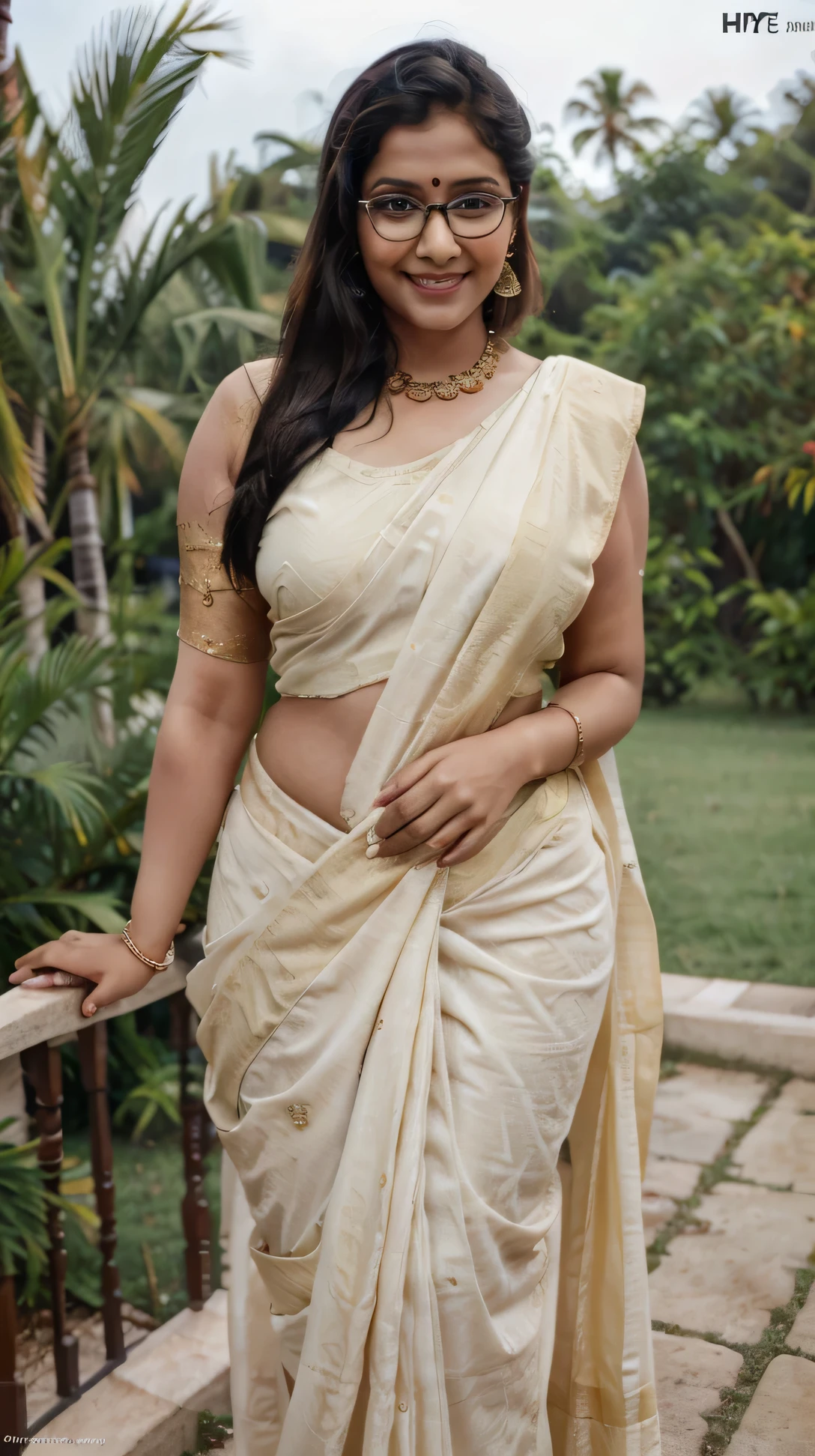 Indian woman wearing wearing (onam saree), (young woman), 25 years old, (curvy figure:1.3), (eyeglasses), (bindi), An Indian beauty, charismatic, light Indian- skin, view the viewer, naughty smile, luxurious villa in background, both eyes are the same, full-body shot, hd, 2k, 4k , 8k,