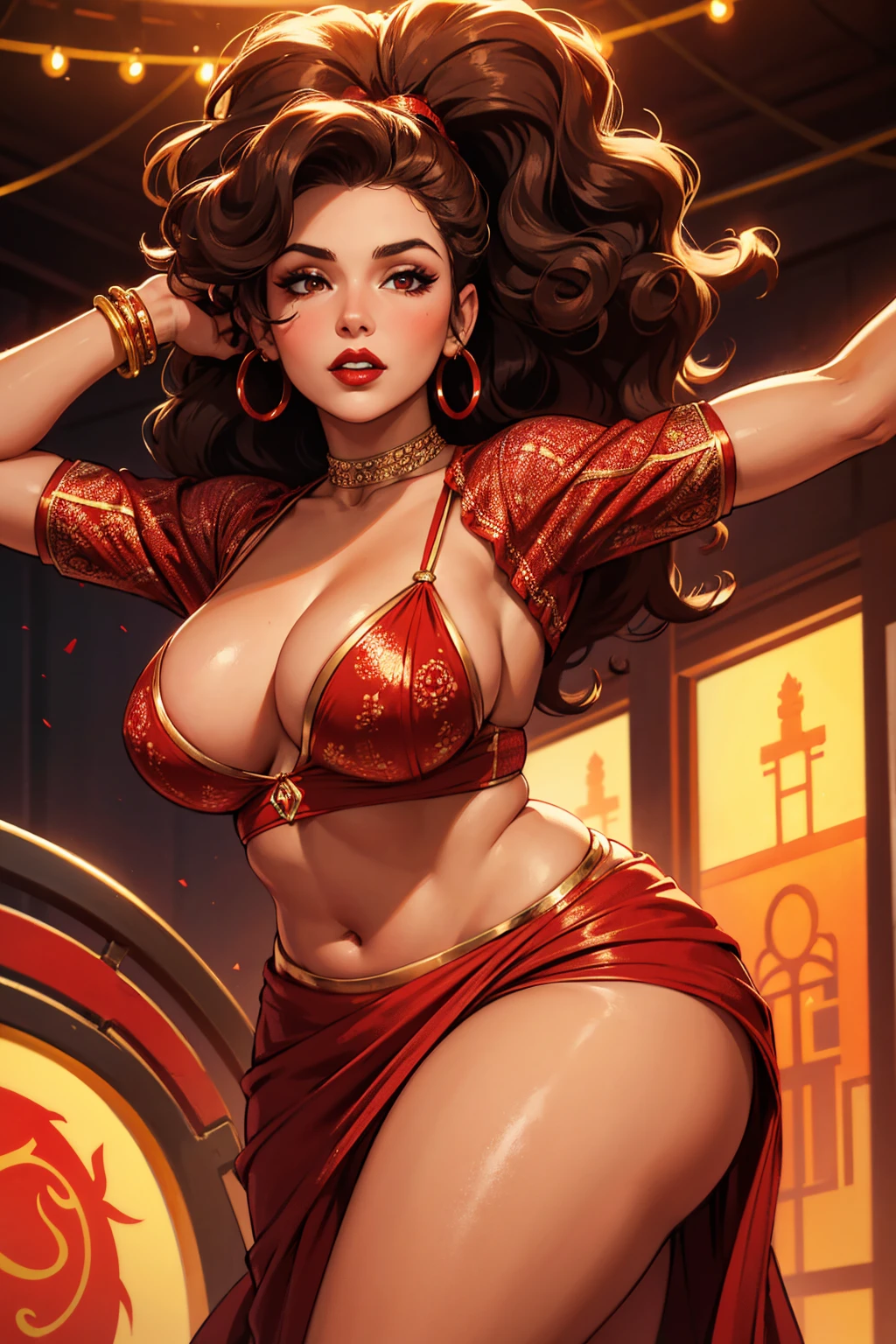 25 year old female, brunette skin, curly hair with strands falling in front of the face, intense red lipstick, voluptuous curves, red gypsy clothes also using typical accessories, in a.dance pose