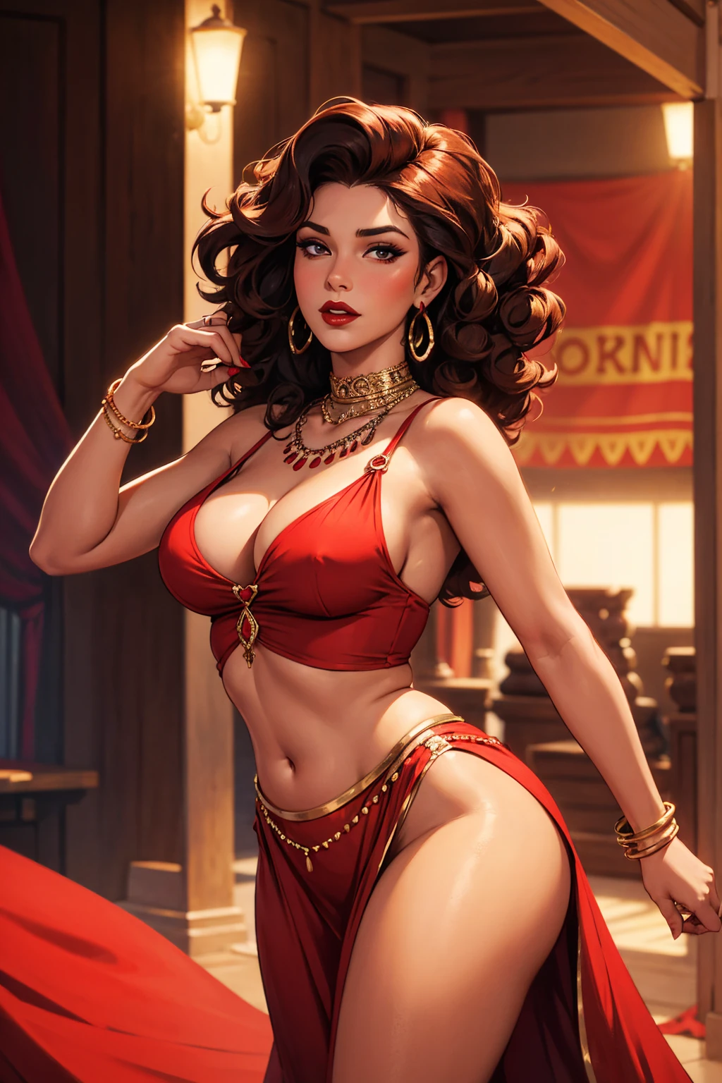 25 year old female, brunette skin, curly hair with strands falling in front of the face, intense red lipstick, voluptuous curves, red gypsy clothes also using typical accessories, in a.dance pose
