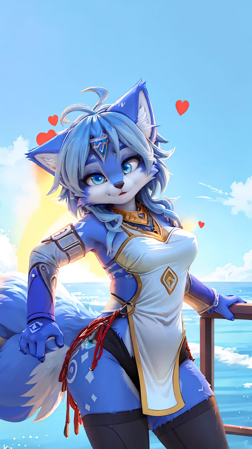 A beautiful and detailed (sweet portrait) wa ((krystal)), Star Fox krystal, sslim, green eyes, medium breasts, (((Long blue hair 1.3))), Decollete, look up, anthro, furry, Uploaded E621, detailed fluffy fur, (wa Fluff-Kevlar, Bayard Wu, personalize me, Pino Daeni), detailed face, (fluffy), 1 girl, alone, Sweet young girl,