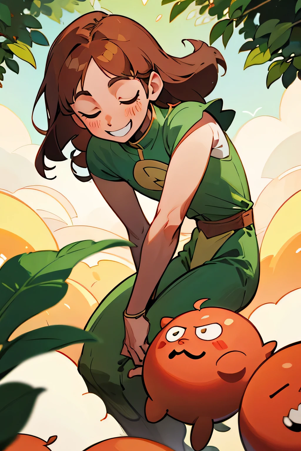 The image is of a character from a manhwa. He has straight marrom hair with bangs falling over his forehead. The character is smiling slightly, with slightly rosy cheeks. The background of the image is bright, with some green leaves floating, suggesting an outdoor setting on a sunny day. Homem alto