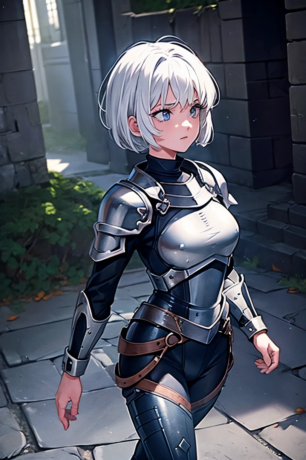 (((masterpiece))), (((best quality))), ((ultra-detailed)), (cinematic lighting), (illustration), (beautiful detailed eyes), (1girl), full body, knight, armour, light hair, best quality, expressive eyes, perfect face, Girl: (20s, white hair, short hair, black jumpsuit, grey and blue armour), dungeon, brick floor, stone floor, walking, armored leotard, retro anime,