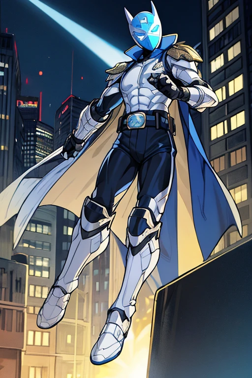 ((best quality)), ((masterpiece)), (detailed), 1 boy in a trench coat standing on a building, full body, 19 years old, masked, white mask covering his entire head and hair, mask, black protective glasses, blue eyes, black face mask, no hair, tall and slender, thin, long beige trench coat, open trench coat showing his emblem, black fingerless gloves, white wristbands, white superhero armor, white chest with emblem, luminous blue "I" letter emblem on chest, blue I-shaped emblem, letter I, black pants, white knee pads, metallic white shoes, superhero belt, nanotechnology in the air, city background, anime