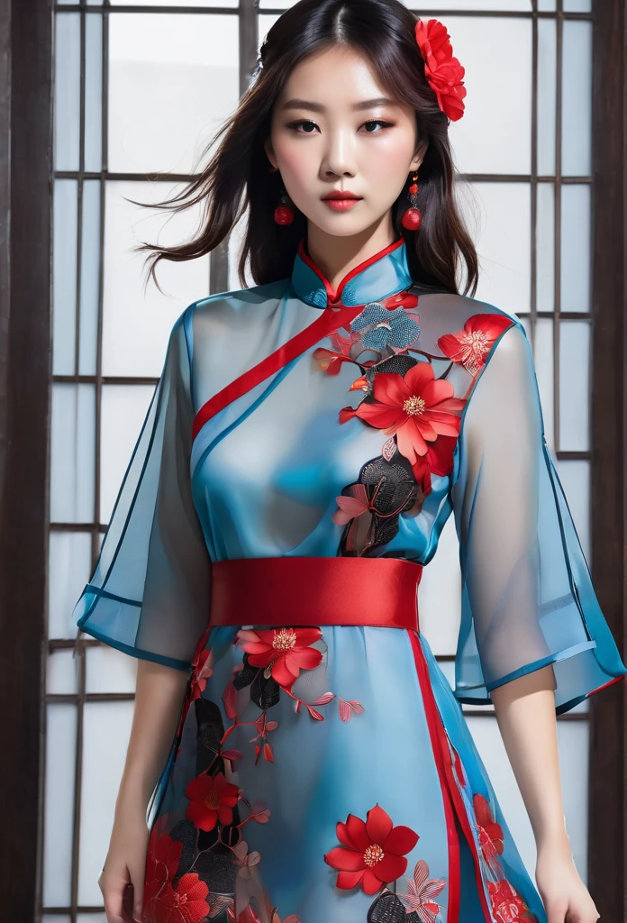 A woman wearing a cheongsam stiff collar mini dress. pale blue translucent mesh. geometric red large flower pattern. red trim. trailing sash. loose black cotton combat pants