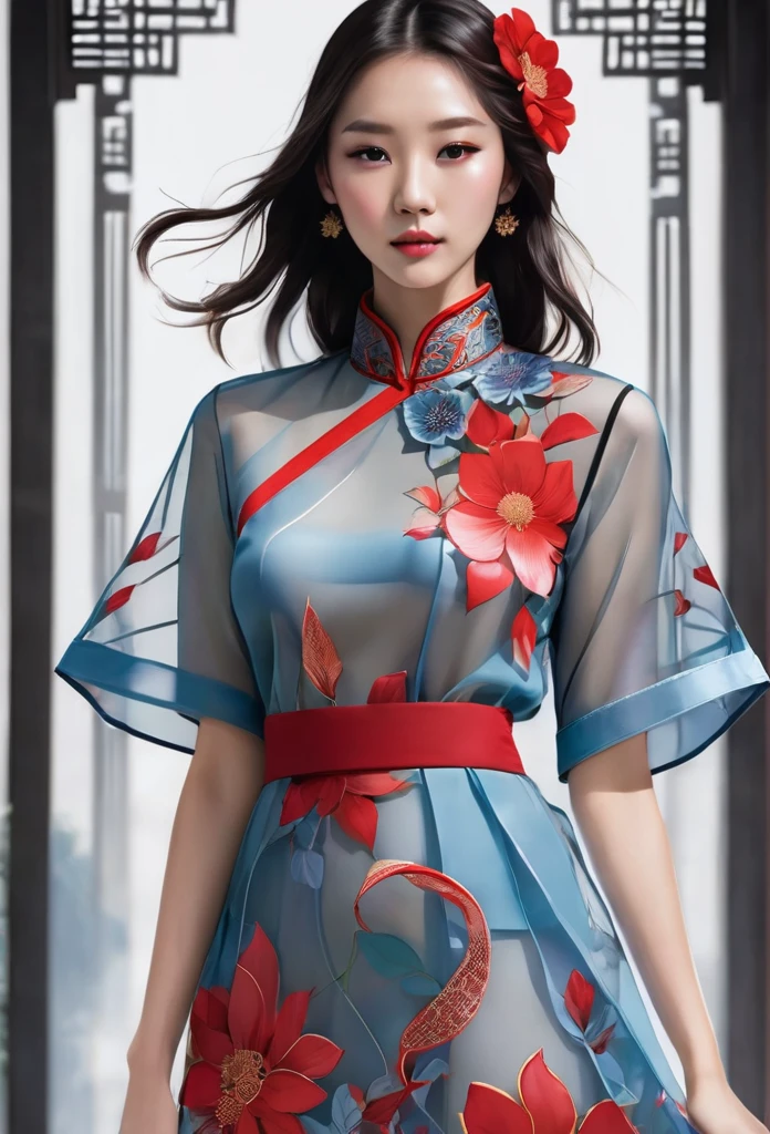 A woman wearing a cheongsam stiff collar mini dress. pale blue translucent mesh. geometric red large flower pattern. red trim. trailing sash. loose black cotton combat pants