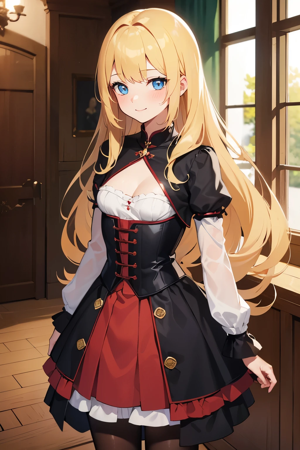 masterpiece,best quality, solo, 1 girl, female figure, yellow hair, hime cut, blunt bangs, extra long hair, crystal blue eyes, sharp detailed eyes, white pantyhose, indoors, golden blonde hair, shy smile, ouji clothes, cowboy shot, voluminous hair, wavy hair, cute girl, (medium small breasts), (young female body: 1.4), ouji fashion, long skirt, ouji style clothes, black corset, dark red skirt, black outfit, voluminous twin tails, red skirt, dark red details, long sleeves dress