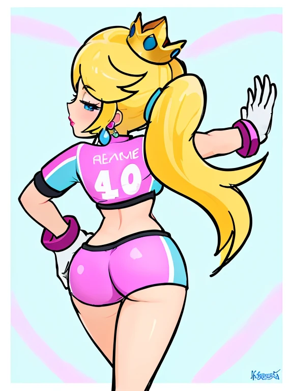 masterpiece, best quality, 4k, high res, detailed, detailed background, beautiful blue eyes, CARTOON, ANIME, CARTOON ARTSTYLE, detailed face, highest quality, 1girl, solo, long hair, breasts, blue eyes, blonde hair, ponytail, earrings, crown, princess peach, pink lipstick, eyes closed, head turned to the side, indoors, wearing pink sports shorts and pink short-shorts, white gloves with purple cuffs, wide hips, narrow waist, hourglass figure, round ass, leaning hand against the wall, (back shot:1.3), shot taken from behind