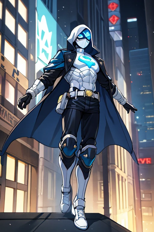 ((best quality)), ((masterpiece)), (detailed), 1 boy in a trench coat standing on a building, full body, 19 years old, masked, white mask covering his entire head and hair, mask, black protective glasses, blue eyes, black face mask, no hair, tall and slender, thin, long beige trench coat, open trench coat showing his emblem, black fingerless gloves, white wristbands, white superhero armor, white chest with emblem, luminous blue "I" letter emblem on chest, blue I-shaped emblem, letter I, black pants, white knee pads, metallic white shoes, superhero belt, nanotechnology in the air, city background, anime