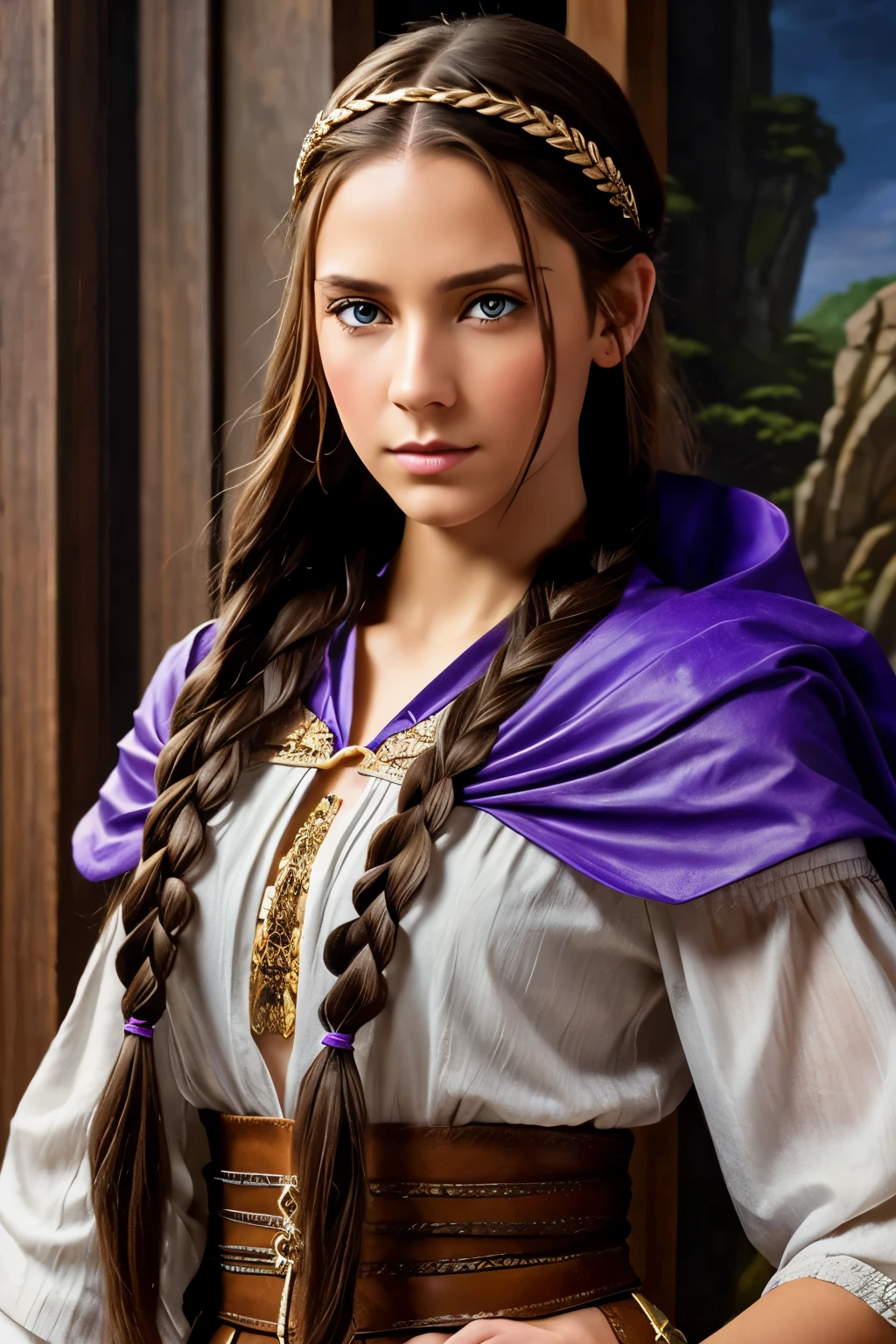 dungeons & dragons baldur's gate portrait painting. woman with striking, aristocratic features. has long, light brown hair flowing down her shoulders , tied back an adorned with multiple small braids with jewelry woven in the ends. leather headband around her forehead. She wears elegant and practical adventuring clothes, often in shades of blue and purple She has delicate, refined features with expressive eyes. Her expression often conveys a mixture of resolve and empathy.