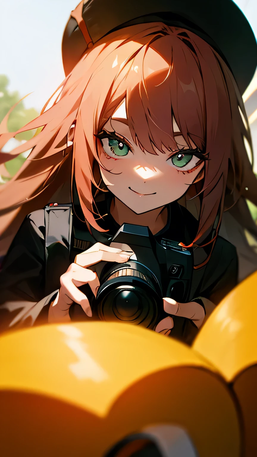 One holding a camera facing the camera,Long hair wearing a hat,Smile