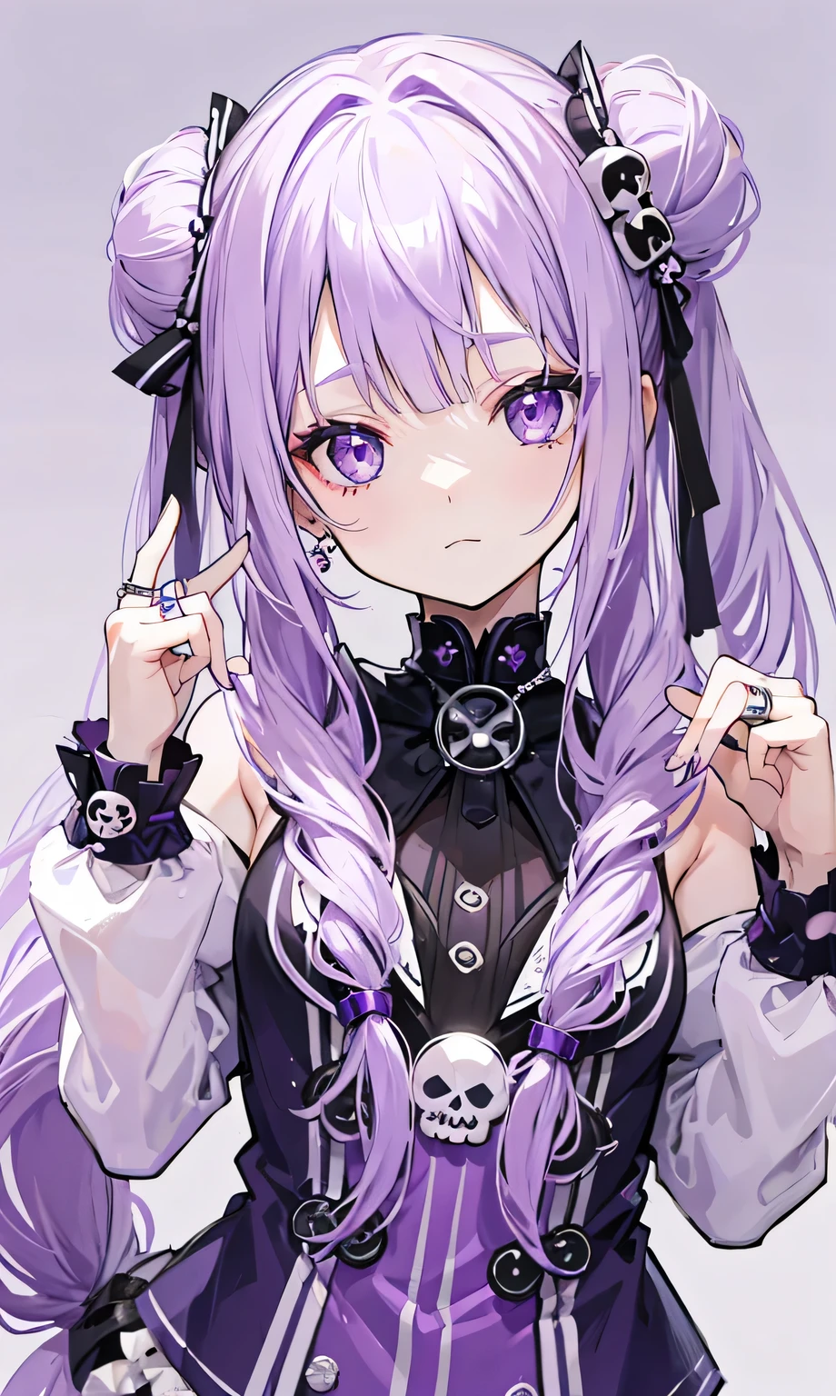 Long purple hair with double ponytail,Ring bun,Silver skull decoration,Purple and white clothes,Smart little girl,The face is cute like a rabbit