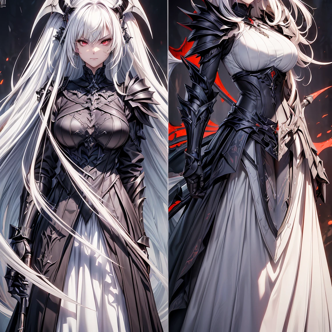 ((Best Quality)), ((Masterpiece)), ((Realistic)) female character with long white hair and piercing red eyes. She wears a demonic armor in purple, black, and white, and wields a large, stylized scythe. The character has a menacing expression, with a chaotic environment as the background. (((detailed character sheet, full body front view, side view, three-quarter view, close-up views of armor details, weapon, and facial features))). ((slender)), (busty), (extremely detailed:1.5), (long white hair:1.2), (piercing red eyes:1.2), (chaotic environment:1.1), (demonic armor:1.3), (stylized scythe:1.3).