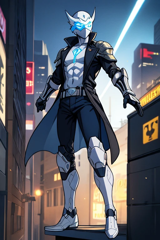 ((best quality)), ((masterpiece)), (detailed), 1 boy in a trench coat standing on a building, full body, 19 years old, masked, white mask covering his entire head and hair, mask, black protective glasses, blue eyes, black face mask, no hair, tall and slender, thin, long beige trench coat, open trench coat showing his emblem, black fingerless gloves, white wristbands, white superhero armor, white chest with emblem, luminous blue "I" letter emblem on chest, blue I-shaped emblem, letter I, black pants, white knee pads, metallic white shoes, superhero belt, nanotechnology in the air, city background, anime
