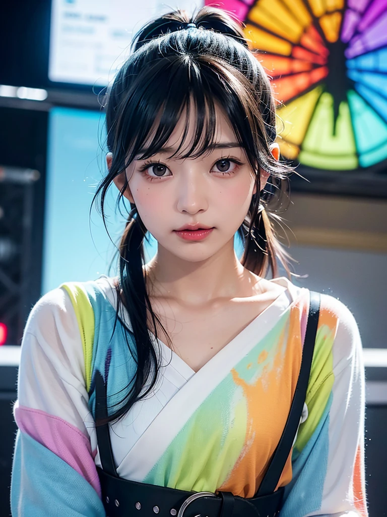 40-year-old Japanese woman、Black Hair、Hair is very short、Twin tails、Hatsune Miku Costume、Headphones、Flat Chest、Realistic photos、Realistic、8K quality、expensive、No bangs、High resolution, Highest quality, Anatomically correct, Winner of numerous awards, looking at the audience, large watery eyes, (rainbow colored hair：1.6), color splash, （solo：1.8）, color splash, color explosion, thick paint style, messy lines, ((shining))，(colorful), (colorful), (colorful), colorful, Thick Paint Style, (Splash) (Color Splash), Vertical Painting, Upper Body, Paint Splash, Acrylic Pigment, Gradient, Paint, Highest Image Quality, Highest Quality, Masterpiece, solo, Depth of Field