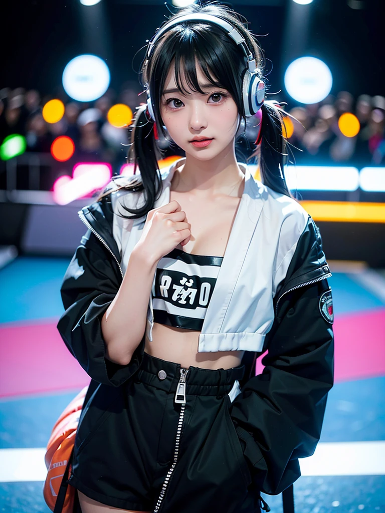 40-year-old Japanese woman、Black Hair、Hair is very short、Twin tails、Hatsune Miku Costume、Headphones、Flat Chest、Realistic photos、Realistic、8K quality、expensive、No bangs、High resolution, Highest quality, Anatomically correct, Winner of numerous awards, looking at the audience, large watery eyes, (rainbow colored hair：1.6), color splash, （solo：1.8）, color splash, color explosion, thick paint style, messy lines, ((shining))，(colorful), (colorful), (colorful), colorful, Thick Paint Style, (Splash) (Color Splash), Vertical Painting, Upper Body, Paint Splash, Acrylic Pigment, Gradient, Paint, Highest Image Quality, Highest Quality, Masterpiece, solo, Depth of Field