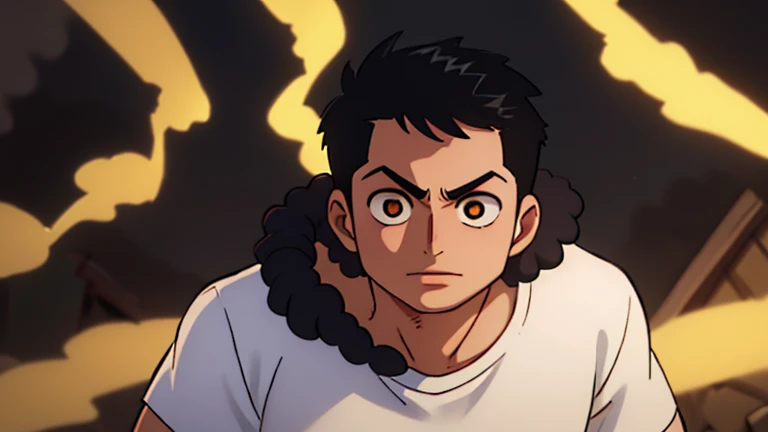masterpiece, 1 chico, young, elegant, black fur, trimmed hair, perfect face, detailed eyes and face, gold eyes, shy expression, White shirt, clean shave, muscular, capturing a rural atmosphere, dynamic lighting