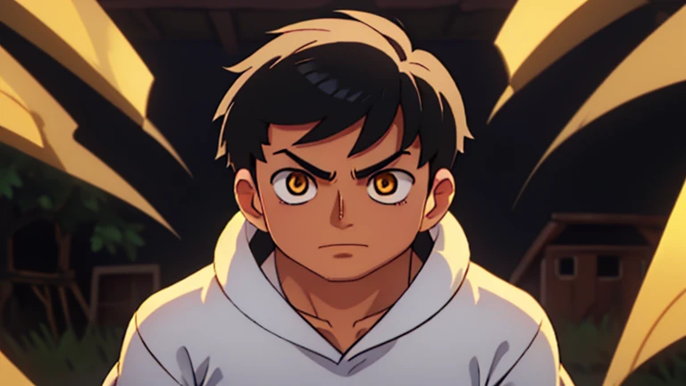 masterpiece,  1 chico,  young,  elegant,  black fur,  trimmed hair,  perfect face,  detailed eyes and face,  gold eyes, shy expression,  White shirt,  clean shave,  muscular,  capturing a rural atmosphere,  dynamic lighting