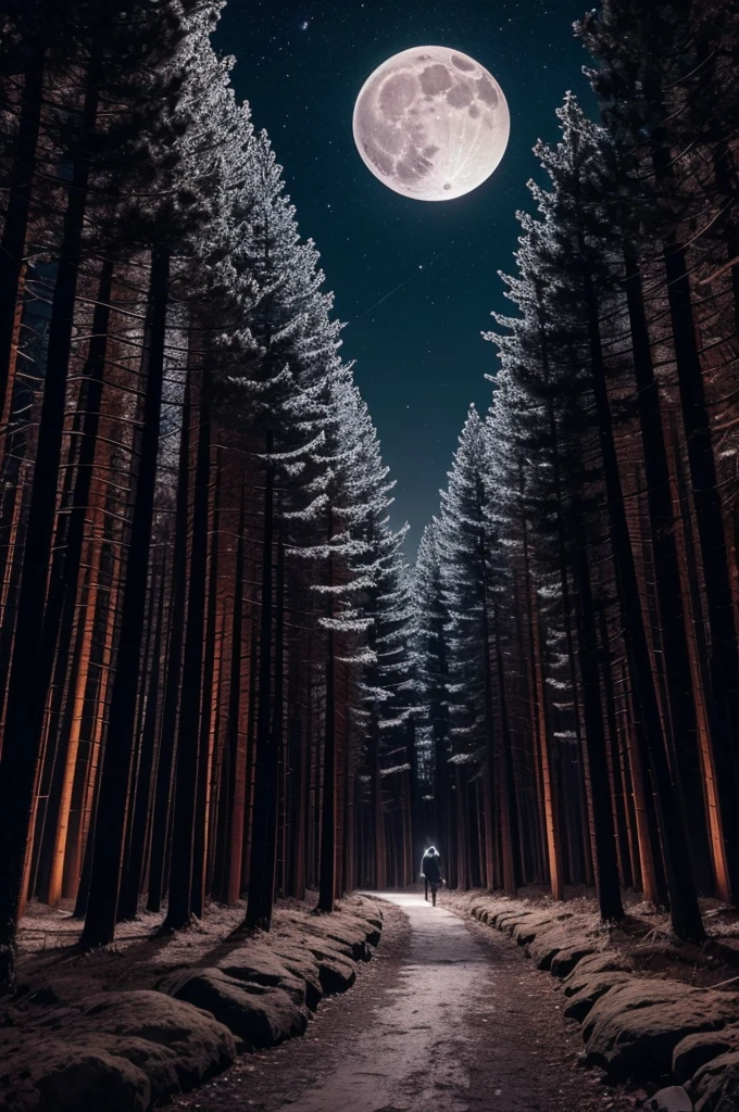 Full moon night trail trees