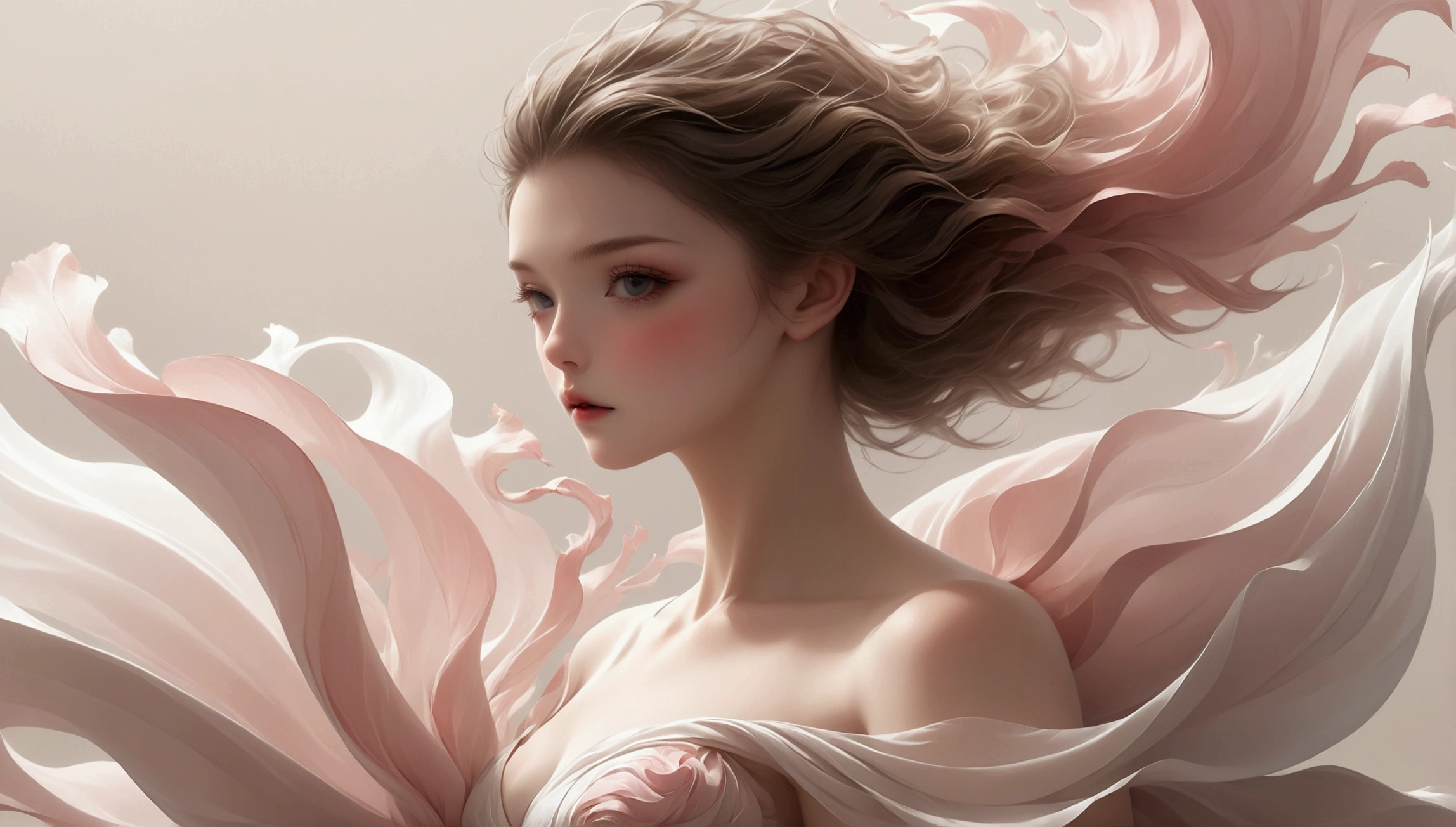 1 Girl,Pink petal skirt,The hem of the long skirt is like smoke,Petal pattern,Long hair in the wind,advanced sense,Fashion, Still photography, Loop video, Fascinating movement, captivating visuals, Seamless integration, Compelling storytelling, Vortex phenomenon, Angled form, Dynamic Movement, Bold Geometric Shapes, Fragment shape, sharp contrast, Influence of modernism, nature, , modern Art, Astonishing, Unreal Background, Art from (Alessio Albi:1.1), Soft lighting, happy emotion,(close up, Face Focus), (Fractal Art) Extremely detailed,The most beautiful form of chaos, elegant, Barbarian design, Vibrant colors, ,Details in white,