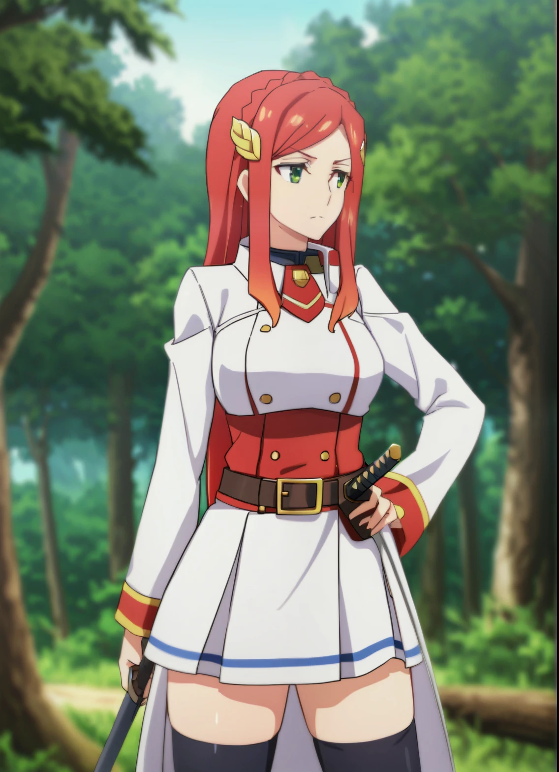sysdeep_karnatia, 1girl, solo, long_hair, skirt, long_sleeves, thighhighs, closed_mouth, green_eyes, standing, braid, weapon, outdoors, cowboy_shot, red_hair, day, hairclip, belt, sword, miniskirt, large_breast, tree, looking_to_the_side, visible breast , hand_on_own_hip, blurry_background, naked_chest, frown, white_skirt, sheath, nature, forest, sheathed, scabbard, karnatia_uniform,