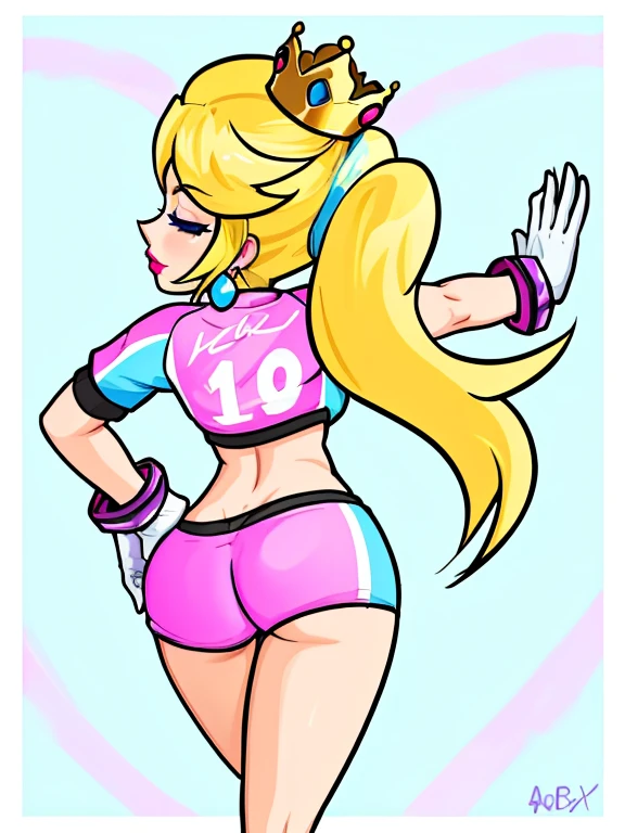 masterpiece, best quality, 4k, high res, detailed, detailed background, beautiful blue eyes, CARTOON, ANIME, CARTOON ARTSTYLE, detailed face, highest quality, 1girl, solo, long hair, breasts, blue eyes, blonde hair, ponytail, earrings, crown, princess peach, pink lipstick, eyes closed, head turned to the side, indoors, wearing pink sports shorts and pink short-shorts, white gloves with purple cuffs, wide hips, narrow waist, hourglass figure, round ass, leaning hand against the wall, (back shot:1.3), shot taken from behind