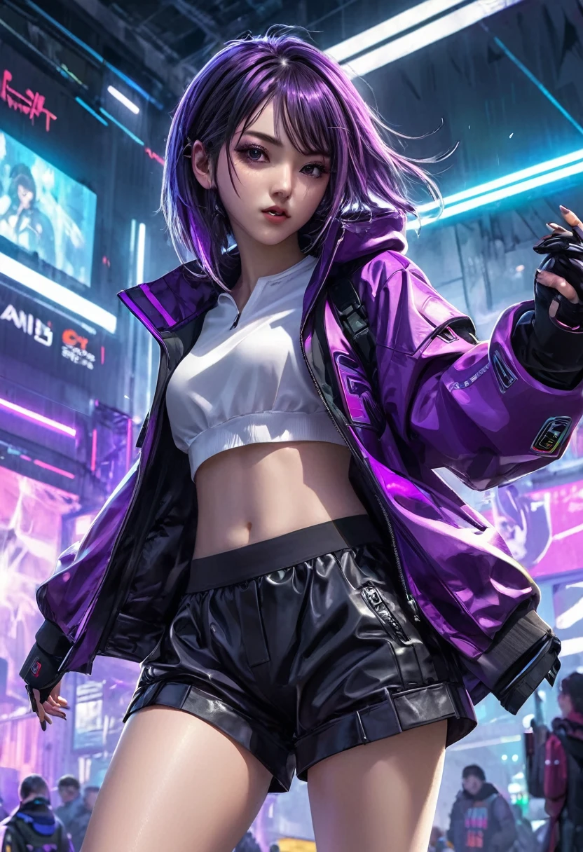 Anime girl in purple jacket and black shorts performing tricks, digital Cyberpunk anime art, Cyberpunk Anime Girl, Modern cyberpunk anime, Digital Cyberpunk - Anime Art, Cyberpunk anime art, Anime Cyberpunk art, female Cyberpunk Anime Girl, Cyberpunk Anime Girl mech, Fashionable cyberpunk mechanoids, Cyberpunk art style, Digital Cyberpunk Anime!!, Anime Cyberpunk, Cyberpunk Streetwear, Cyberpunk character art