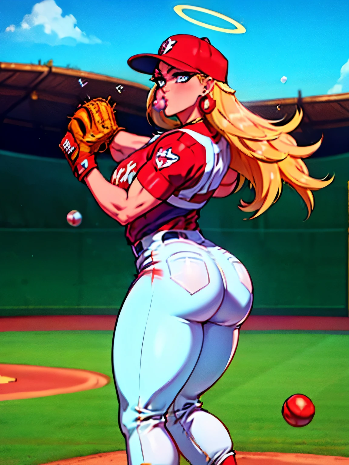 in PIT-Erotic-style style, 1980's, female, inflating anarchypanty, blonde, blue eyes, makeup, extra long hair, thick lips, earrings, halo, (blow bubble gum:1.2), (Baseball blue and gold uniform with pants), (blue and gold baseball cleats), (wearing bright red baseball batters cap), (big catcher's mitt on left hand), (muscle inflation:0.9), (bulky muscular legs), (bulky muscle:1.1), large butt, pleasurable look on face, standing on outdoor baseball home plate in all female sports stadium, (pitching baseball towards camera)