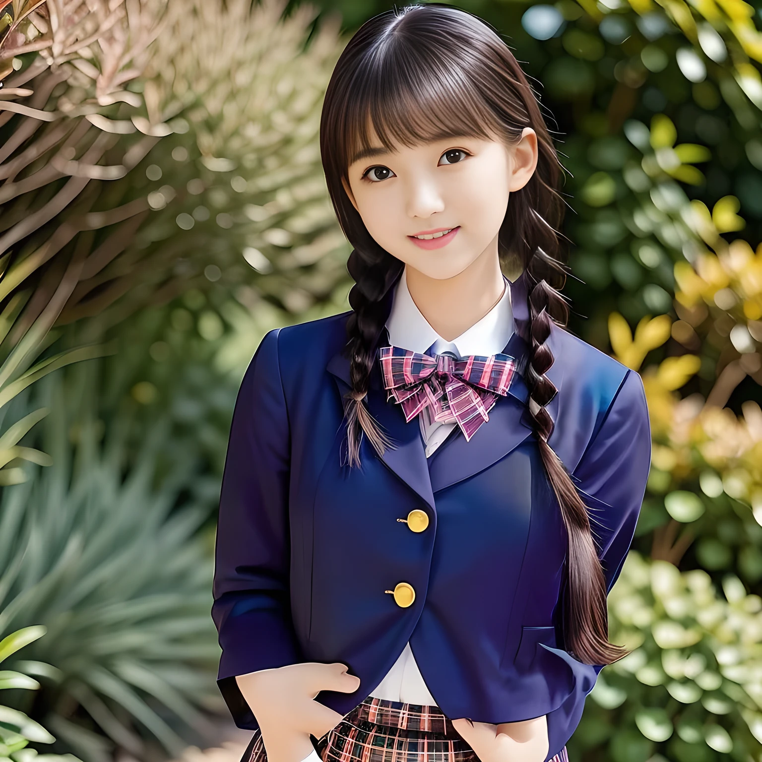 (Highest quality, masterpiece:1.2), Highest quality, High resolution, 1080P, 8k, height: 158cm, ((A noble, graceful and intelligent **** Japanese young idle who has a best proportion)), ((So sweet, very noble, neat, and pretty **yo Japanese beautiful girl)), ((A real, very girly, sweet, cute and noble Japanese actress)), ((((A beautiful Japanese **yo cute fashion magazine's model)))), ((((Very pure white face and limbs)))), Glossy Lips, (Evenly cut curled bangs), ((Very beautiful, droopy, cute, pure, noble brown eyes)), ((Super long, black tightly tied twin braids hair )), ((braids of the same length)) (Very shiny, glossy Lips), ((Beautiful straight hair like a school promotion model)), Watch at you, ((Incredibly well organized, Rich facial expressions)), ((Plump and beautiful white skin and face)), ((Pure, clear, gentle brown eyes)), ((staring at me)), Glossy Lips, ((Noble and elegant)), Very beautiful blue skirt, ((Large upward-curving lips)), ((((Navy Japanese school blazer with noble golden emblem)))), ((Navy and sapphire blue Japanese school uniform)), ((Tartan check pattern dark blue pleated long skirt)), ((Cobalt blue string chest ribbon)), ((((An ecstatic expression of boundless joy)))), (((Beauty and fashion magazine for young girls))), (Pretty eyes and faces with detailed:1.6), ((Cute beautiful knees)), ((Well-shaped ample breasts))