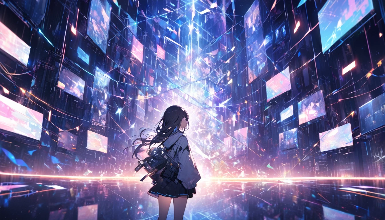 A young woman stands in front of a virtual world of networks and connections of lights that come towards her.