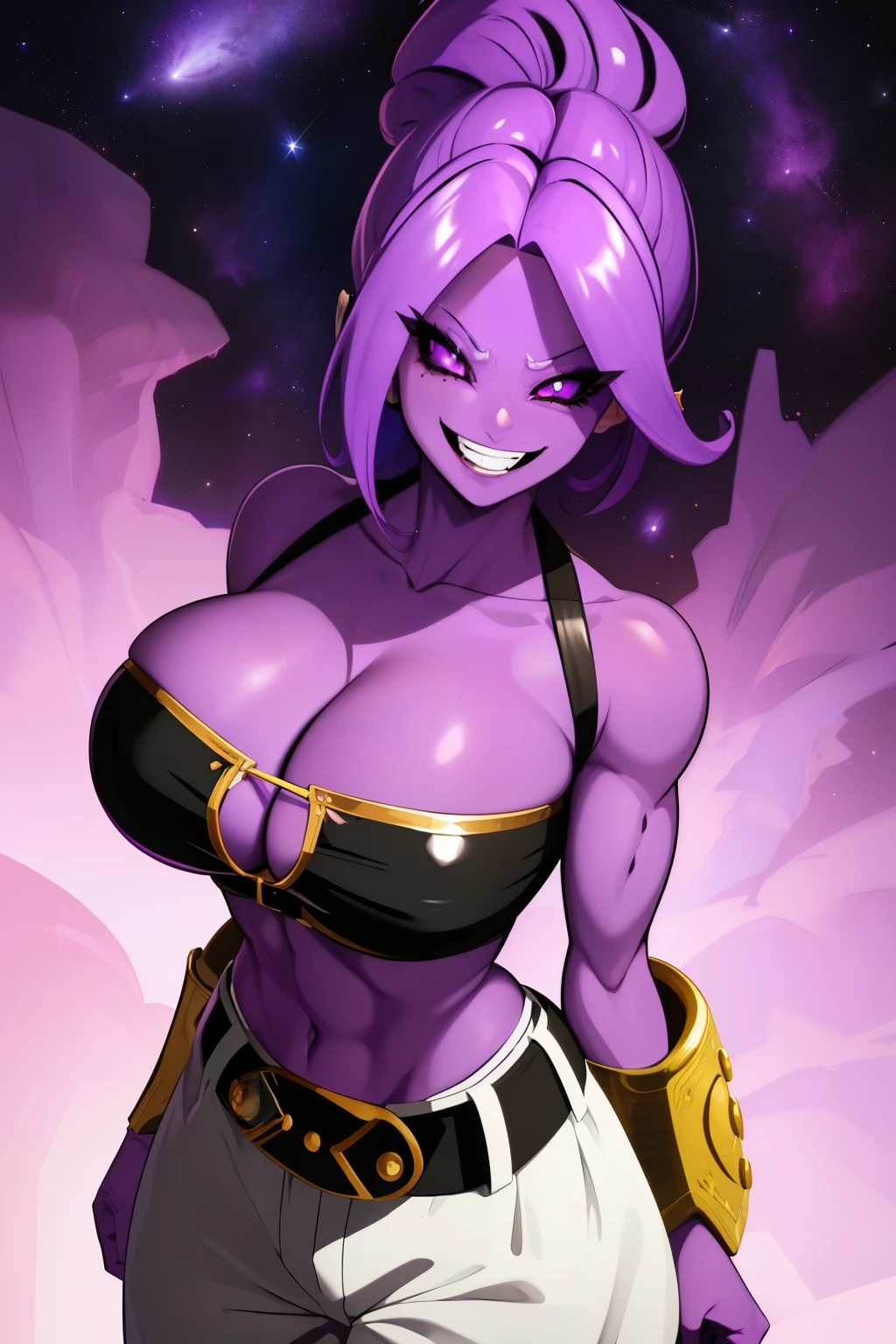 Fmajin, purple skin, solo, cowboy shot, solo, purple hair, smiling, black sclera, 
MajGear, white baggy pants, belt with the letter M, tube top, cleavage,   thick, 
 outerspace, stars, meteor, 
(insanely detailed, beautiful detailed face, masterpiece, best quality)