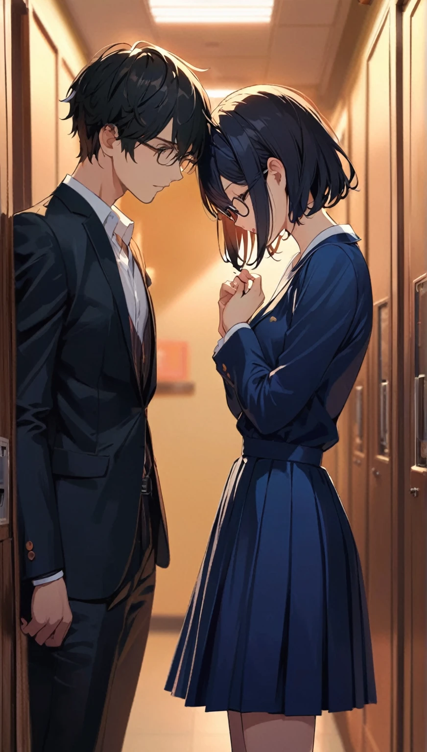 Anime couple looking at each other in the hallway, Private moments, 8k!!, Visual novel cg, Anime Moe Art Style, Visual novel key visual, ; Visual novel, Smooth anime CG art, Wearing a suit and glasses, Nagatoro, Official Art, 8k!, Girl Romance, Detailed), Couple pose, Gweiz-style artwork