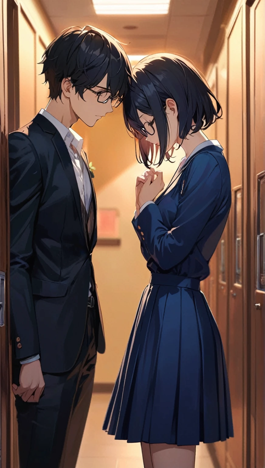 Anime couple looking at each other in the hallway, Private moments, 8k!!, Visual novel cg, Anime Moe Art Style, Visual novel key visual, ; Visual novel, Smooth anime CG art, Wearing a suit and glasses, Nagatoro, Official Art, 8k!, Girl Romance, Detailed), Couple pose, Gweiz-style artwork