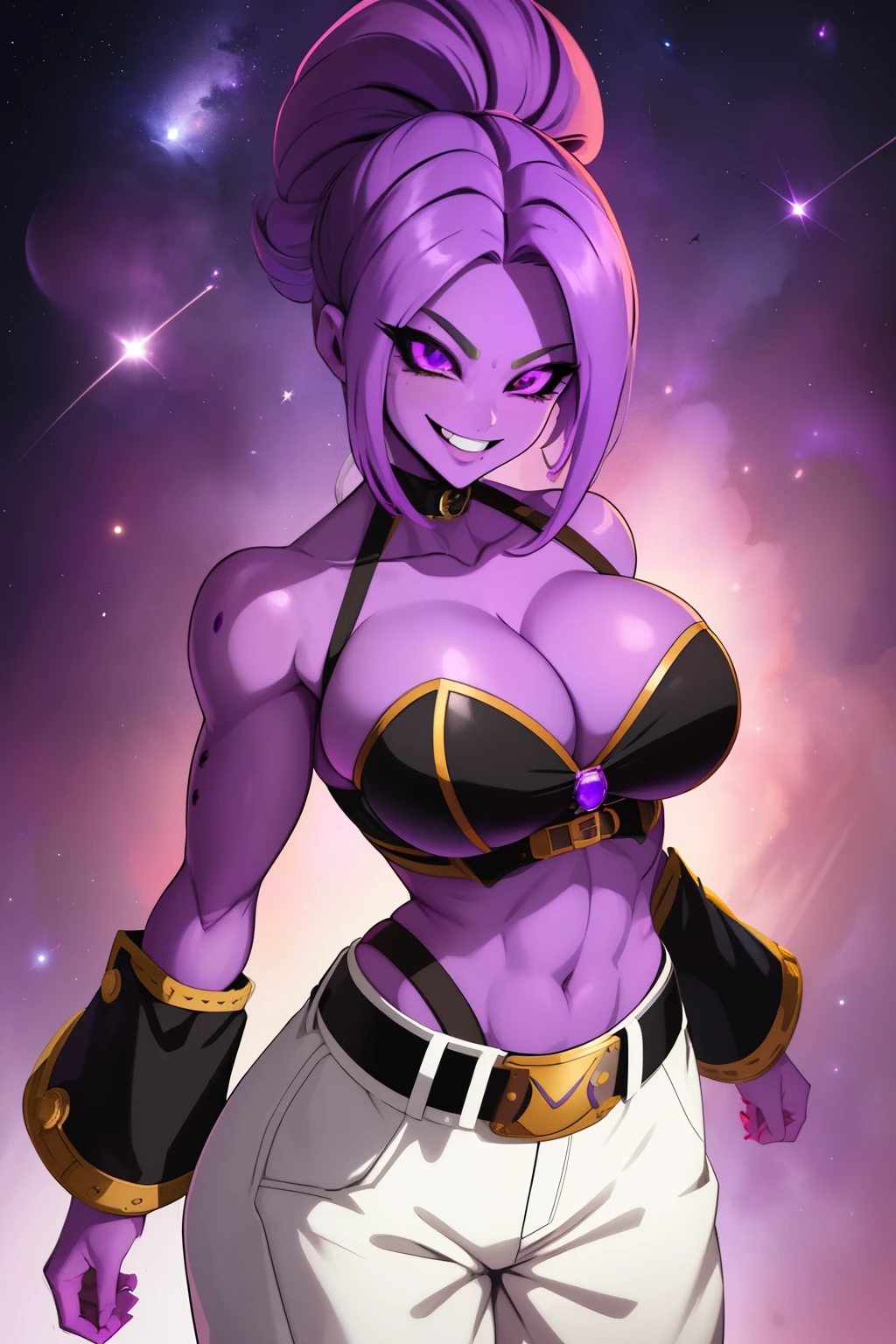 Fmajin, purple skin, solo, cowboy shot, solo, purple hair, smiling, black sclera, 
MajGear, white baggy pants, belt with the letter M, tube top, cleavage,   thick, 
 outerspace, stars, meteor, 
(insanely detailed, beautiful detailed face, masterpiece, best quality)