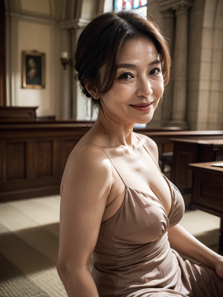 (masterpiece:1.4),(66-year-old woman:1.5),(facial wrinkles 1.2), (Hair tied up : 1), A kind smile,maternal, Large Breasts、Huge breasts、Mature Woman, (Open shoulder dress : 1.2), Cleavage、church