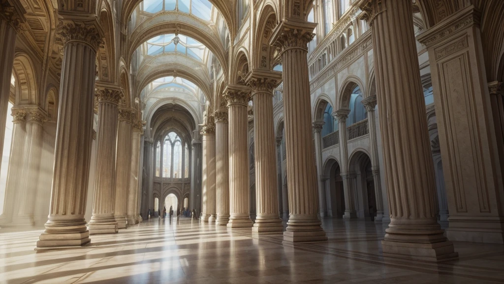 High-resolution digital painting of an ethereal and majestic heavenly scene, featuring a grand architecture with arches and columns. In the center, an awe-inspiring figure surrounded by radiant heavenly light, with several angels with wings in flowing robes around. The setting is filled with a divine glow with light beams shining through the clouds and windows. Intricate details in the architectural elements, serene and peaceful atmosphere.