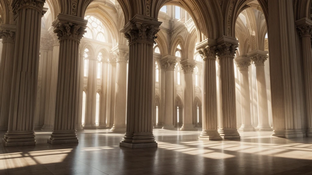High-resolution digital painting of an ethereal and majestic heavenly scene, featuring a grand architecture with arches and columns. In the center, an awe-inspiring figure surrounded by radiant heavenly light, with several angels with wings in flowing robes around. The setting is filled with a divine glow with light beams shining through the clouds and windows. Intricate details in the architectural elements, serene and peaceful atmosphere.