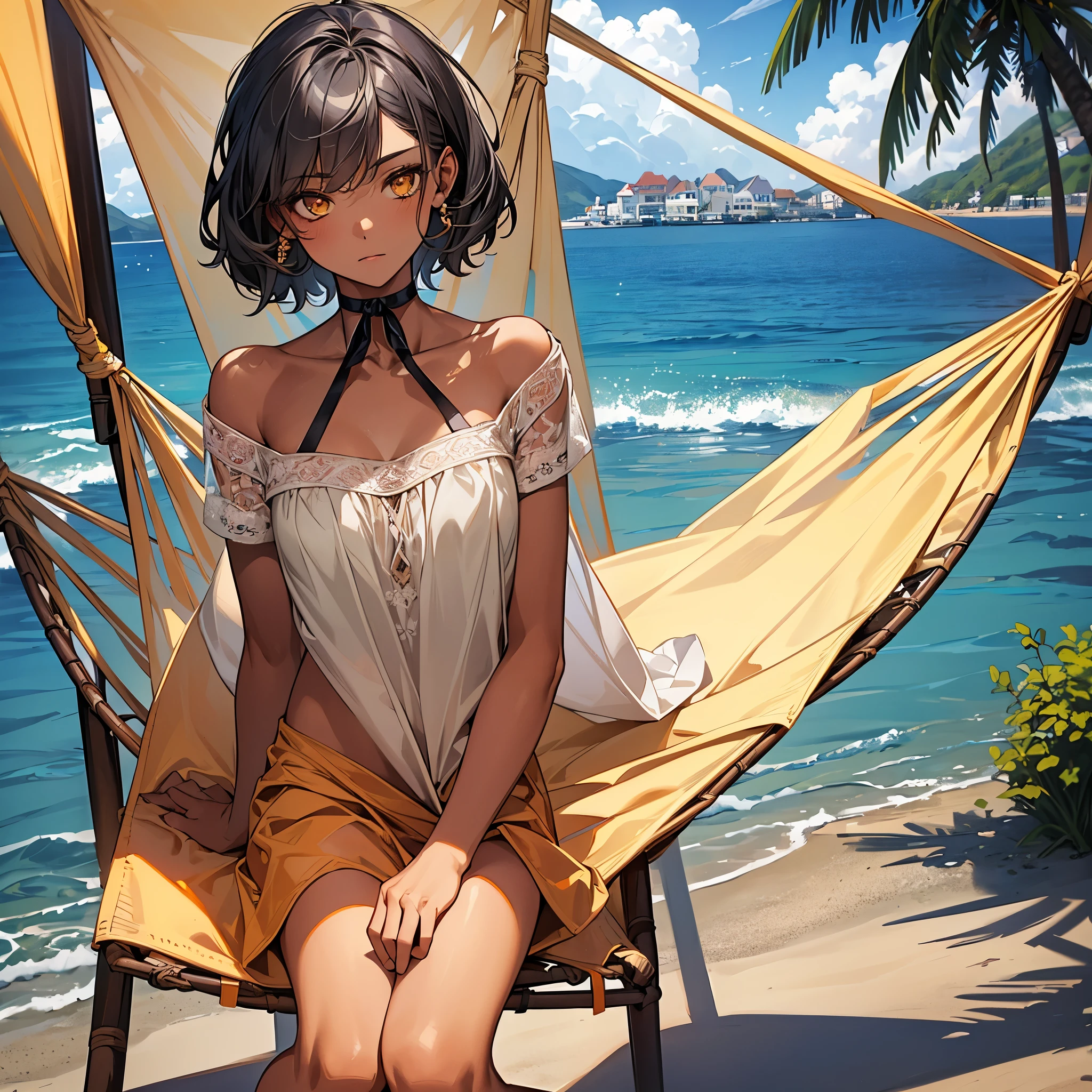 masterpiece, Highest quality, Perfect Face, Highest Resolution, Highest quality,Detailed depiction of the eyes, 1 girl, young, dark tan skin, slate gray hair, short hair, upturned eyes, Yellow Orange eyes, Perfect Anatomy, ribbon choker, barefoot, Seaside house, hammock, 8k,