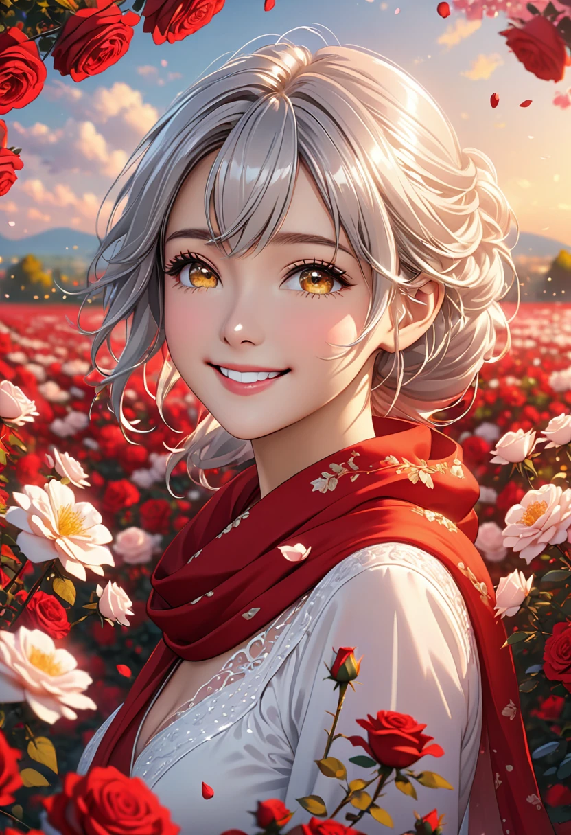 Vista, Panorama, Perspective, Depth of Field, Bust, Upper Body, Cinematic Angle, Masterpiece, Best Quality, Ultra Detailed, CG, 8K Wallpaper, Beautiful Face, Delicate Eyes, A Maiden, Solo, Smile, Silver Hair, Golden Eyes, Fair Skin, Hair Strands, Red Scarf, White Evening Dress, Rose Field, Red Flowers, Roses, Flower Field, Petals, Flying Petals, Smiling
