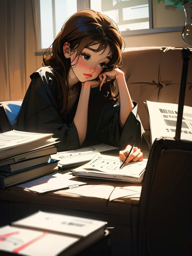 Nancy, sitting on the couch with her laptop on her lap, reviews some notes and documents while listening to soft music in the background. Nathalie is at the other end of the room, focused on drawing on her graphics tablet, letting her creativity fly. [silhouette] best quality, close-up {brown hair} the two are twins.