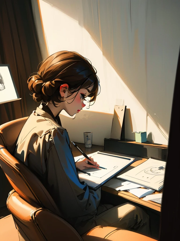 Nancy, sitting on the couch with her laptop on her lap, reviews some notes and documents while listening to soft music in the background. Nathalie is at the other end of the room, focused on drawing on her graphics tablet, letting her creativity fly. [silhouette] best quality, close-up {brown hair} the two are twins.