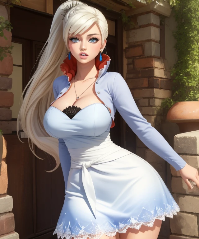 (best quality), (masterpiece), 1 girl, early 20's, huge heavy breasts, busty, massive breasts, thick, thick lips, wide hips, thin waist, weissvale, ponytail, white dress, jewelry, necklace, earrings