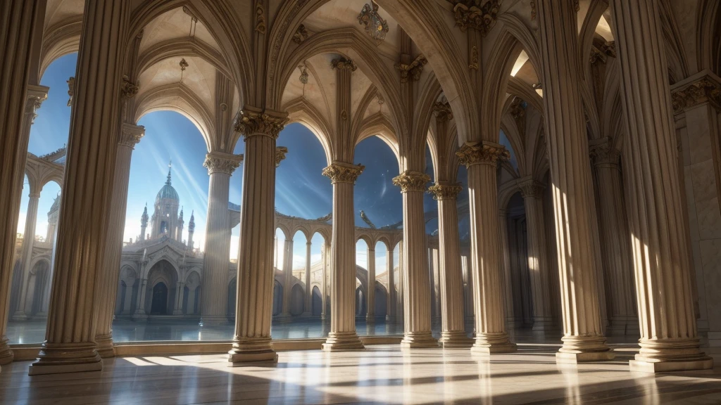 High-resolution digital painting of an ethereal and majestic heavenly scene, featuring a grand architecture with arches and columns. In the center, an awe-inspiring figure surrounded by radiant heavenly light, with several angels with wings in flowing robes around. The setting is filled with a divine glow with light beams shining through the clouds and windows. Intricate details in the architectural elements, serene and peaceful atmosphere.